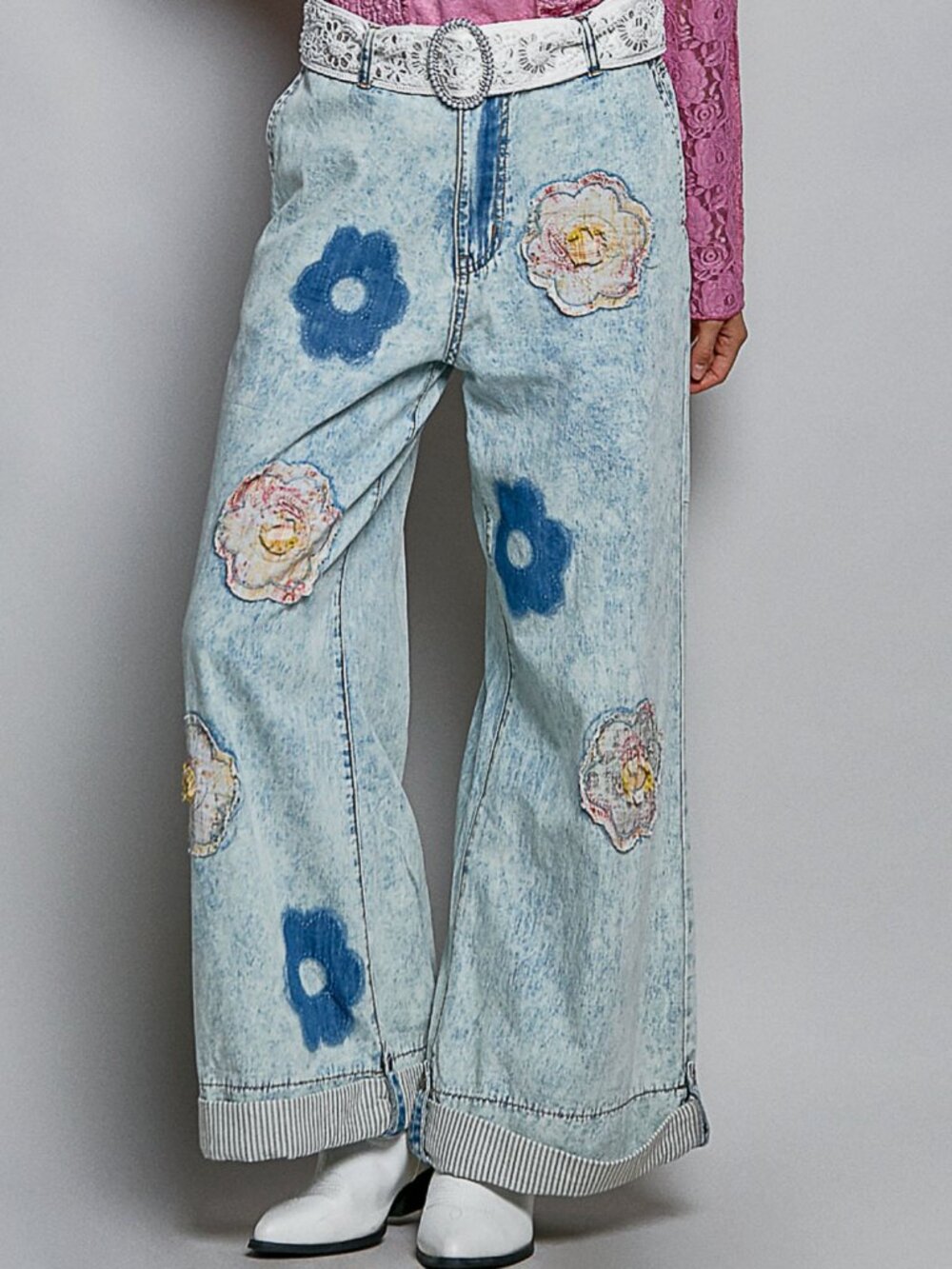 POL Floral Patchwork Rolled Hem Denim Straight Leg Jeans NWT